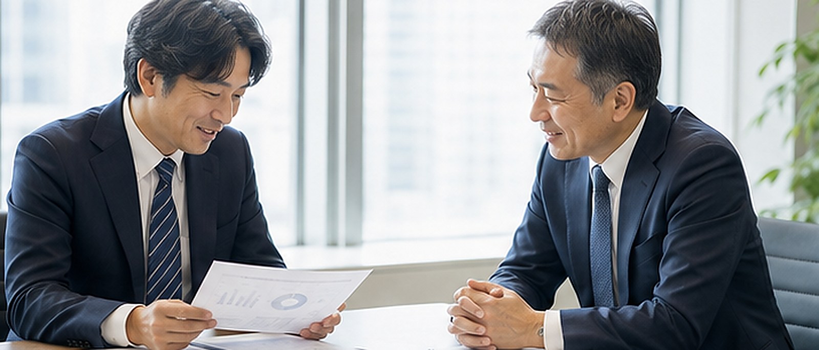応接室において、経営者と弁護士が資料を前に面談している場面