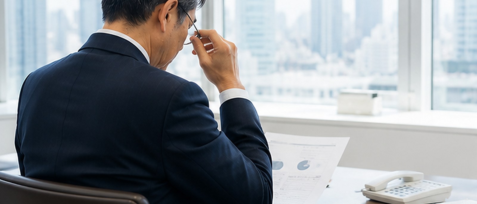 執務室において、眼鏡を外して思案している経営者