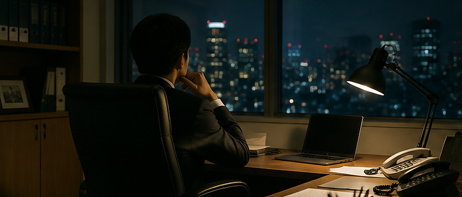 深夜の執務室において記録を確認する場面
