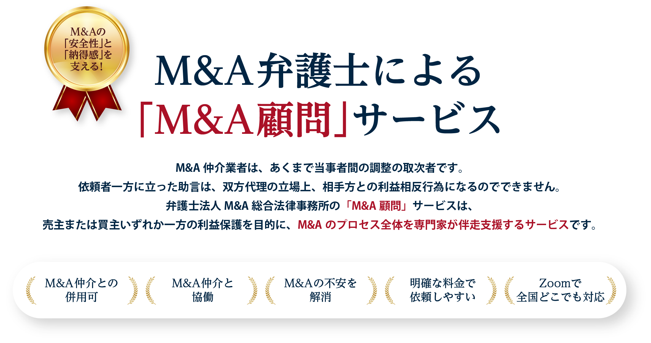 M&A弁護士による「M&A顧問」サービス M&A仲介業者は、あくまで当事者間の調整の取次者です。依頼者一方に立った助言は、双方代理の立場上、相手方との利益相反行為になるのでできません。弁護士法人M&A総合法律事務所の「M&A顧問」サービスは、売主または買主いずれか一方の利益保護を目的に、M&Aのプロセス全体を専門家が伴走支援するサービスです。