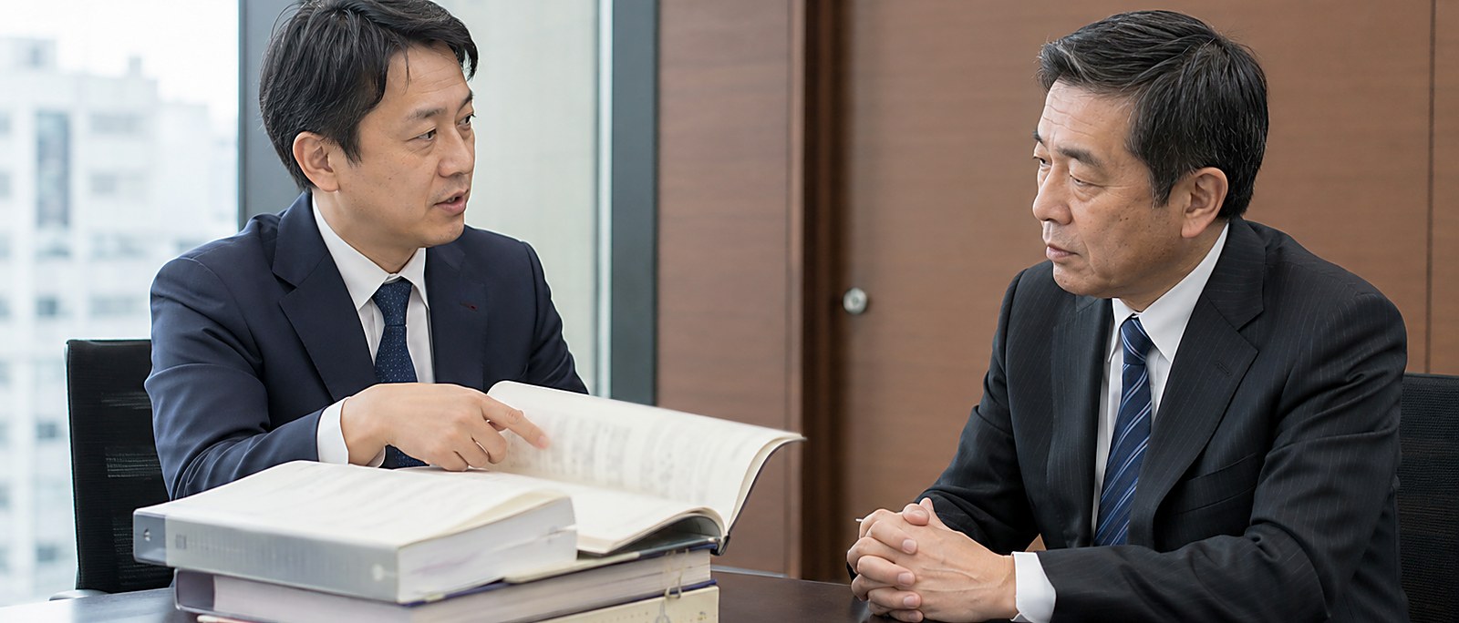 会議室において、積み上げた会計帳簿を前に、一冊を開いて相手方に示している場面