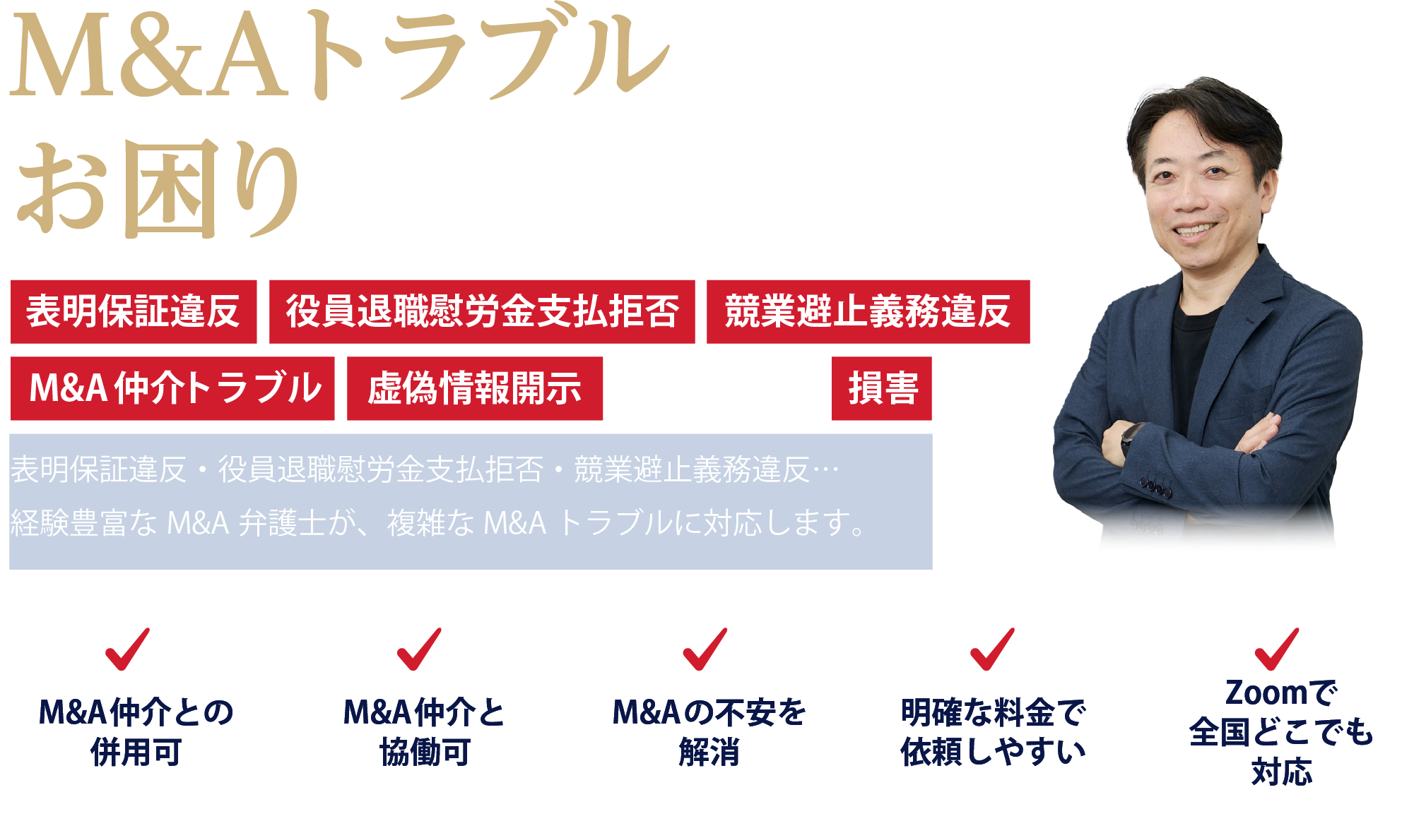 表明保証違反、役員退職慰労金支払拒否、競業避止義務違反などのM&Aトラブルのご相談なら弁護士法人M&A総合法律事務所へご相談ください