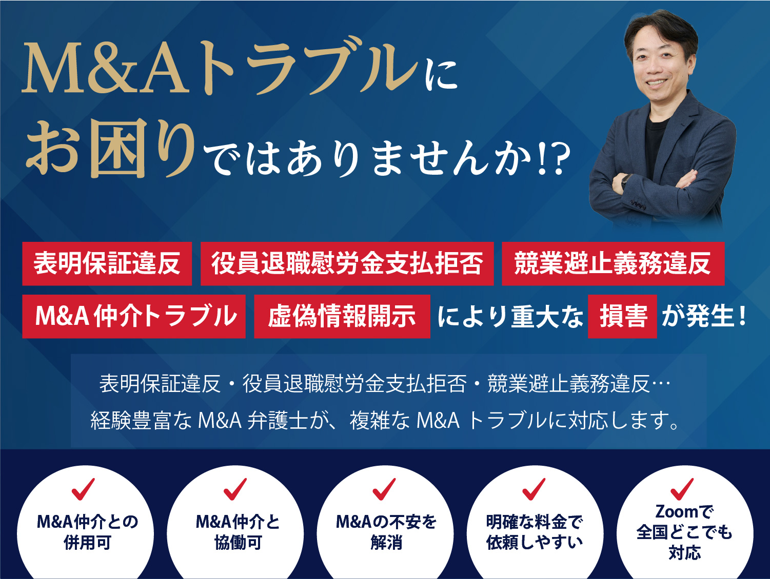 M&A弁護士による「M&A顧問」サービス M&A仲介業者は、あくまで当事者間の調整の取次者です。依頼者一方に立った助言は、双方代理の立場上、相手方との利益相反行為になるのでできません。弁護士法人M&A総合法律事務所の「M&A顧問」サービスは、売主または買主いずれか一方の利益保護を目的に、M&Aのプロセス全体を専門家が伴走支援するサービスです。