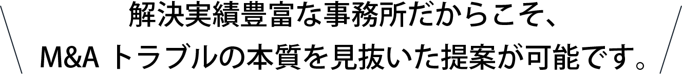 解決実績豊富な事務所だからこそ、M&Aトラブルの本質を見抜いた提案が可能です。